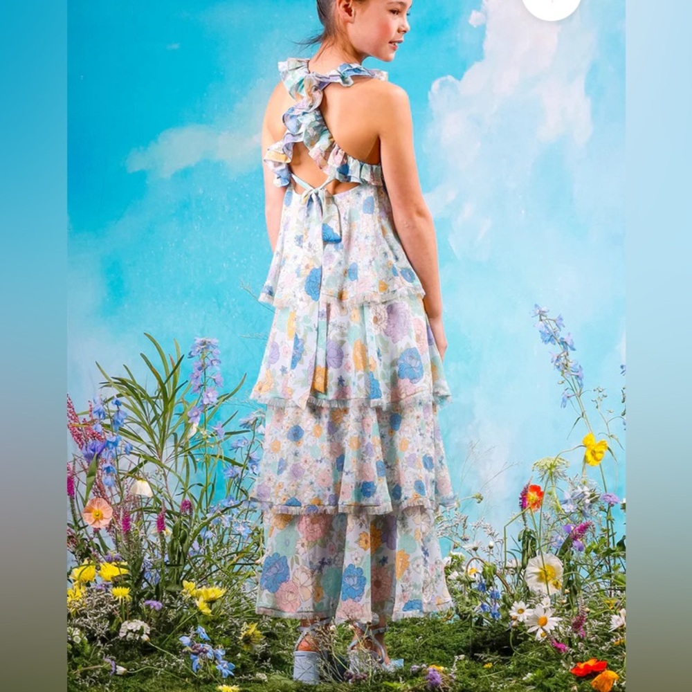 Girls' Floral Tiered Ruffle Dress - Pastel Blue